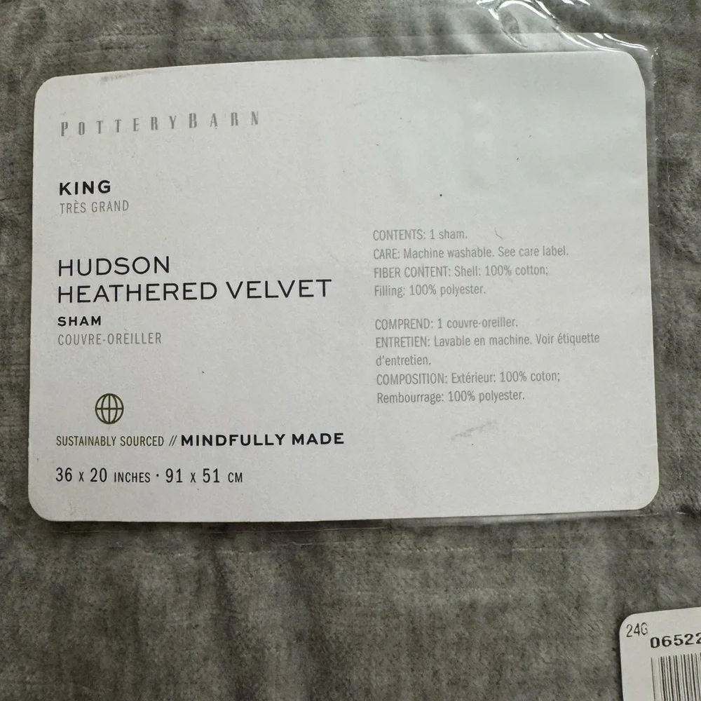 Pottery Barn Hudson Gray Velvet Quilted King Pillow Sham